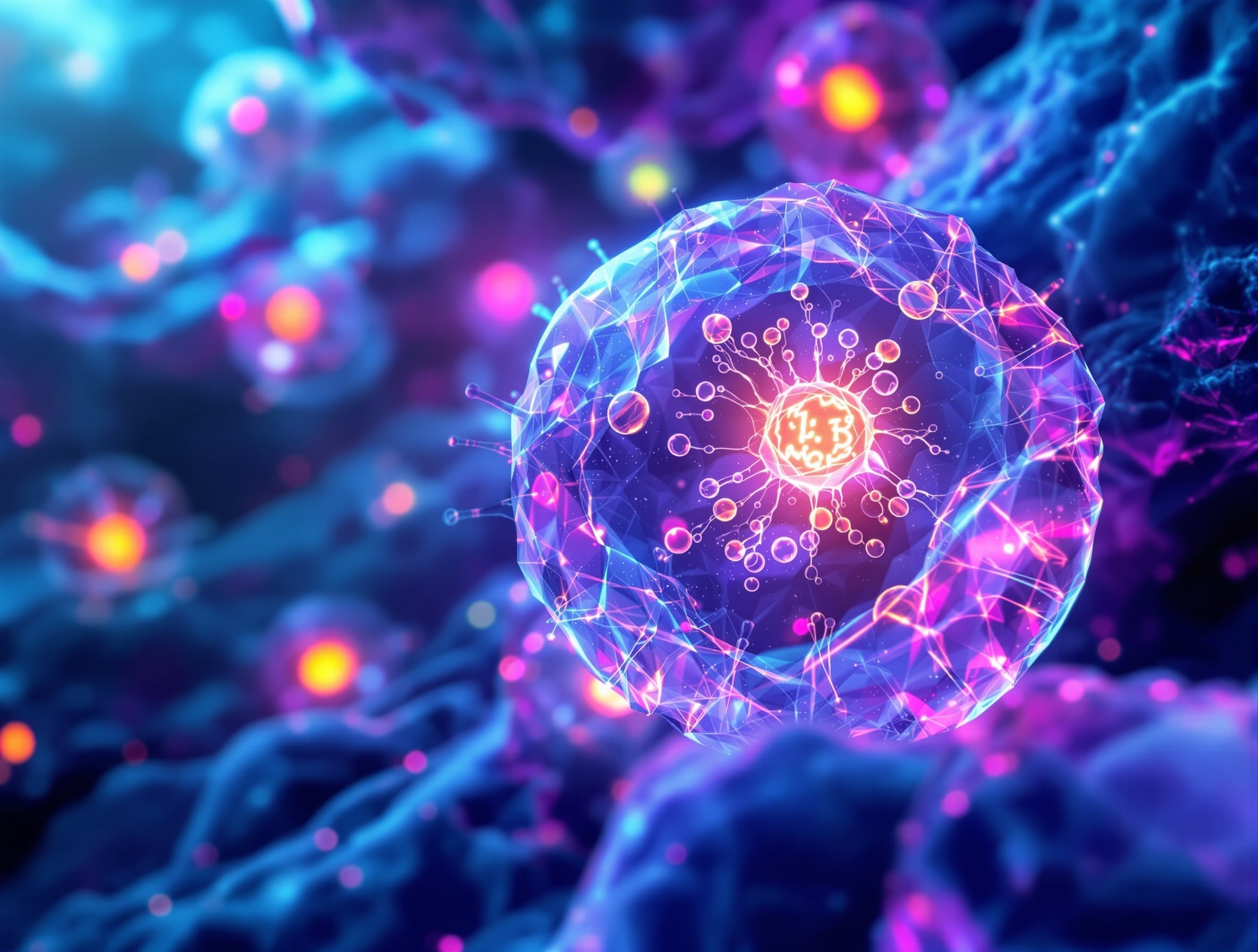 Microscopic view of cells and mitochondria showing NRF2 cellular defense mechanisms